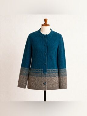 Pendleton 100% Lambswool Cardigan Size Large – Teal & Grey Colorblock – 5 Button